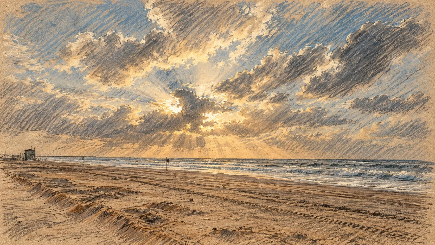 Courtroom-sketch editorial illustration of Lido Beach in Ashdod, based on an archival 2023 view used as geographic context for the city’s community exhibition.