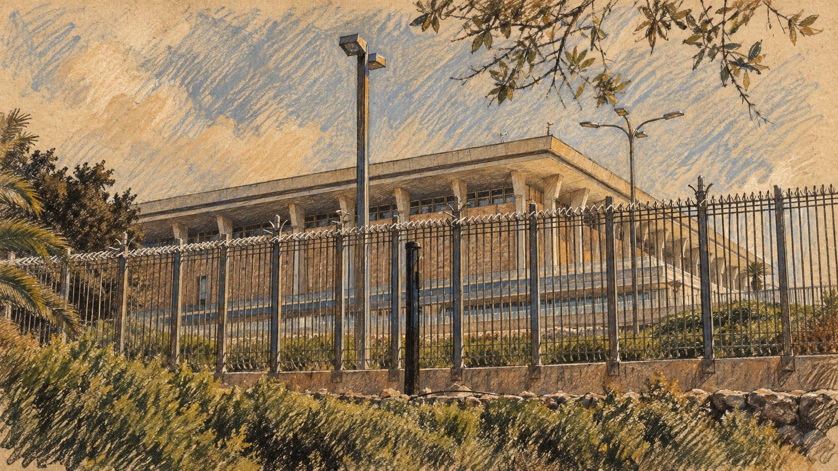 Courtroom-sketch editorial illustration of the Knesset building behind a metal fence, with shrubs, lamp posts and overhead tree branches, based on an archival 2018 photograph and used as parliamentary campaign context.