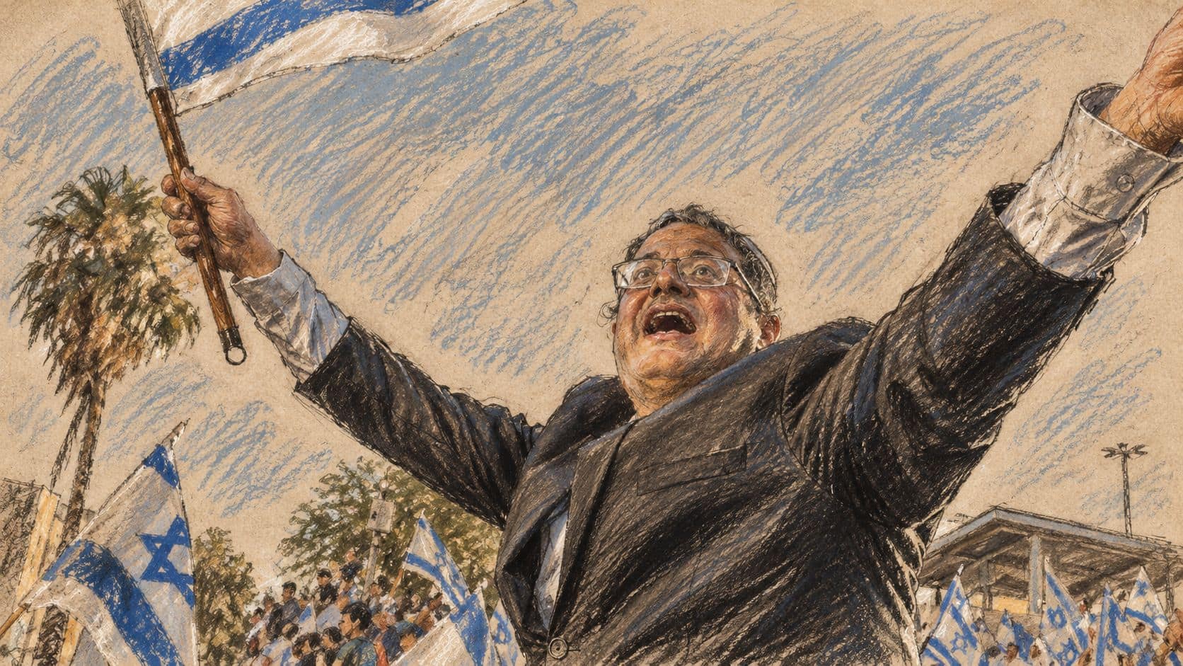 Courtroom-sketch editorial illustration of Itamar Ben Gvir in a dark suit holding an Israeli flag with arms extended in an archival June 2021 street scene; contextual portrait for his campaign proposal.