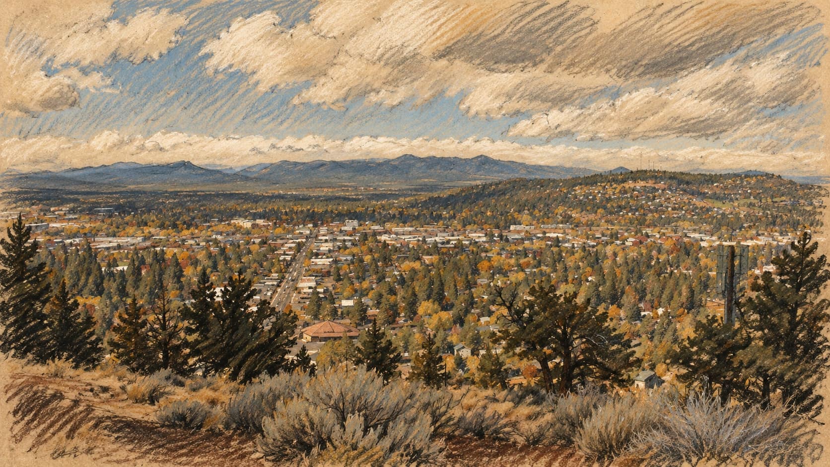 Courtroom-sketch editorial illustration of an archival October 2024 elevated view of Bend, Oregon from Pilot Butte, with evergreen trees and scrub in the foreground, tree-lined streets and buildings below distant hills and a cloudy sky, rendered in warm ochre and slate-blue pastel strokes; geographic context, not a depiction of Silver Rail Elementary or the October 2026 police response.