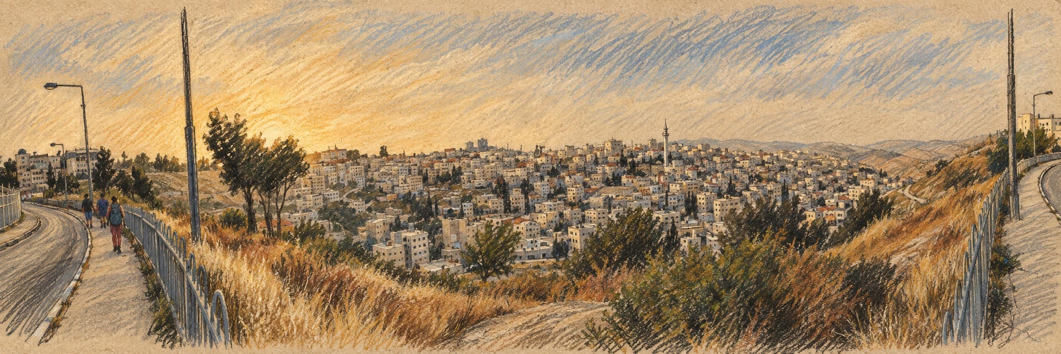 Courtroom-sketch editorial illustration of an archival panoramic view of Issawiya in Jerusalem, with pale stone buildings across the valley and curving roads beside dry grassy slopes; contextual scene, not the checkpoint breach or arrests.