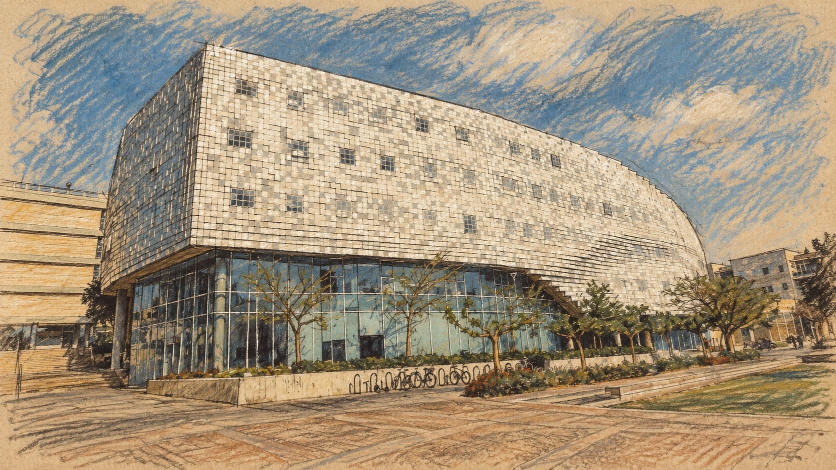 Courtroom-sketch editorial illustration of an archival May 2023 view of the Check Point Building at Tel Aviv University, with its white perforated facade and glass ground floor; contextual technology architecture for Gil Shwed's AI investment remarks.
