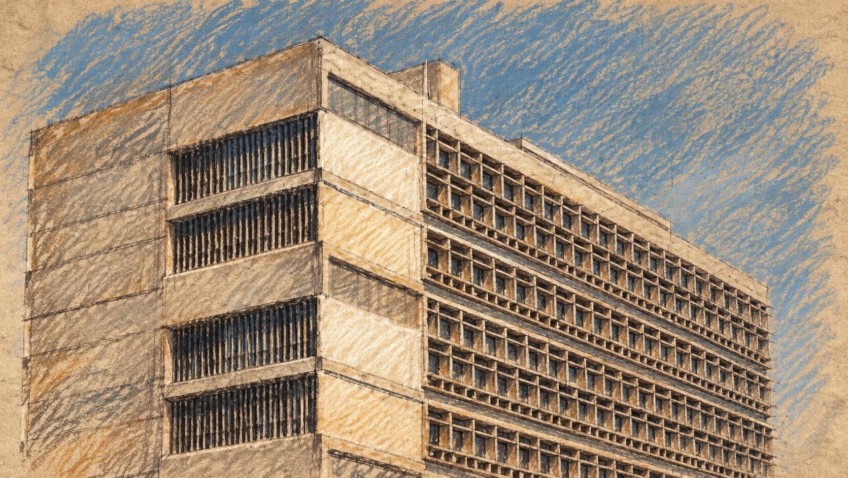 Courtroom-sketch editorial illustration of the upper facade of the Tel Aviv District Court building, an archival contextual view of its concrete corner and shaded windows.