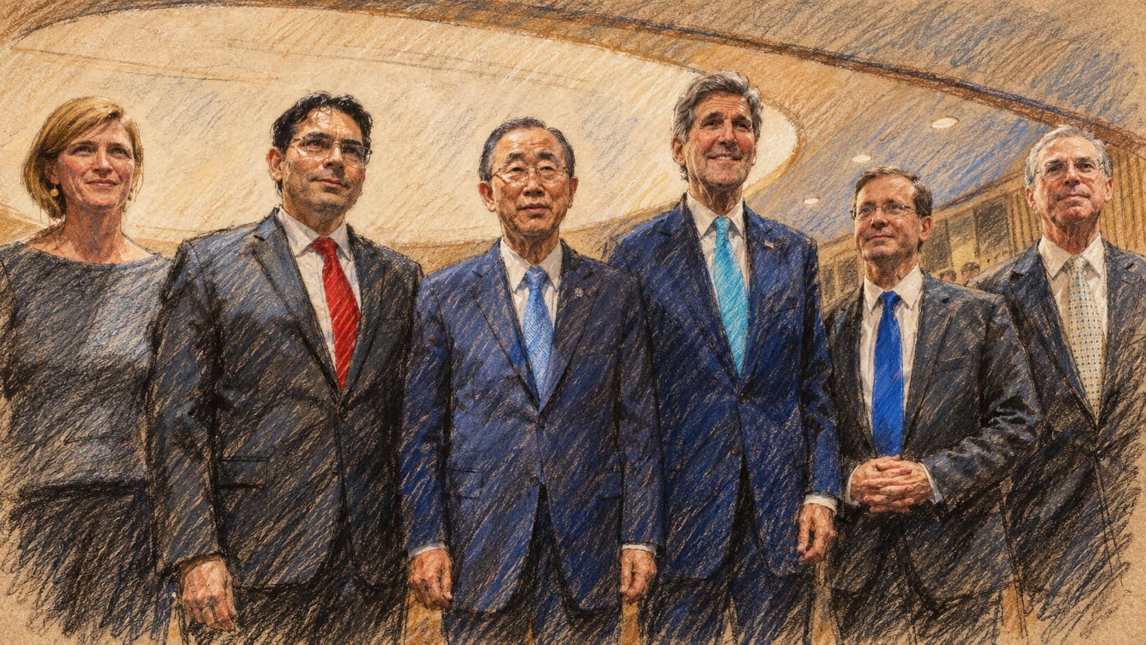 Courtroom-sketch editorial illustration of an archival 2015 United Nations group photograph with Danny Danon second from left alongside Samantha Power, Ban Ki-moon, John Kerry, Isaac Herzog and Michael Herzog.