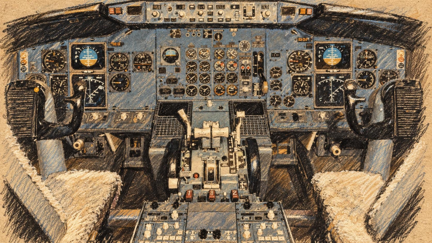 Courtroom-sketch editorial illustration of an empty archival Boeing 737 cockpit, used as civil-aviation context