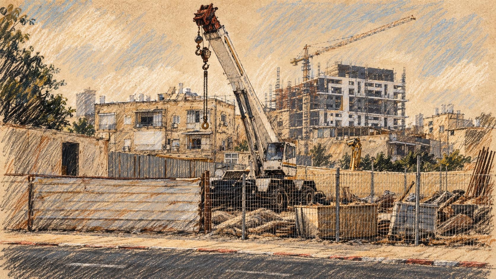 Courtroom-sketch editorial illustration of a mobile crane at an archival Tel Aviv construction site, with apartment buildings behind it; contextual housing scene.