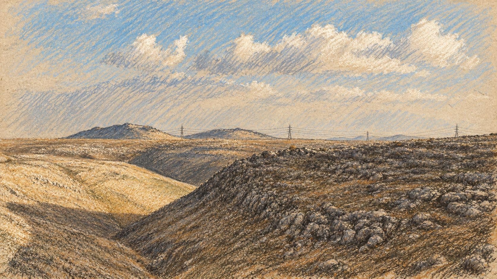 Courtroom-sketch editorial illustration of an archival Upper Galilee landscape, with rocky hills and a shallow valley beneath clouds; contextual view, not the October 2026 school trips