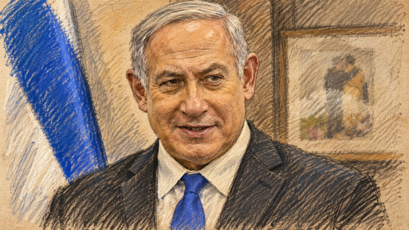 Courtroom-sketch editorial illustration of Benjamin Netanyahu in an archival 2018 portrait, used as context for the election-video order