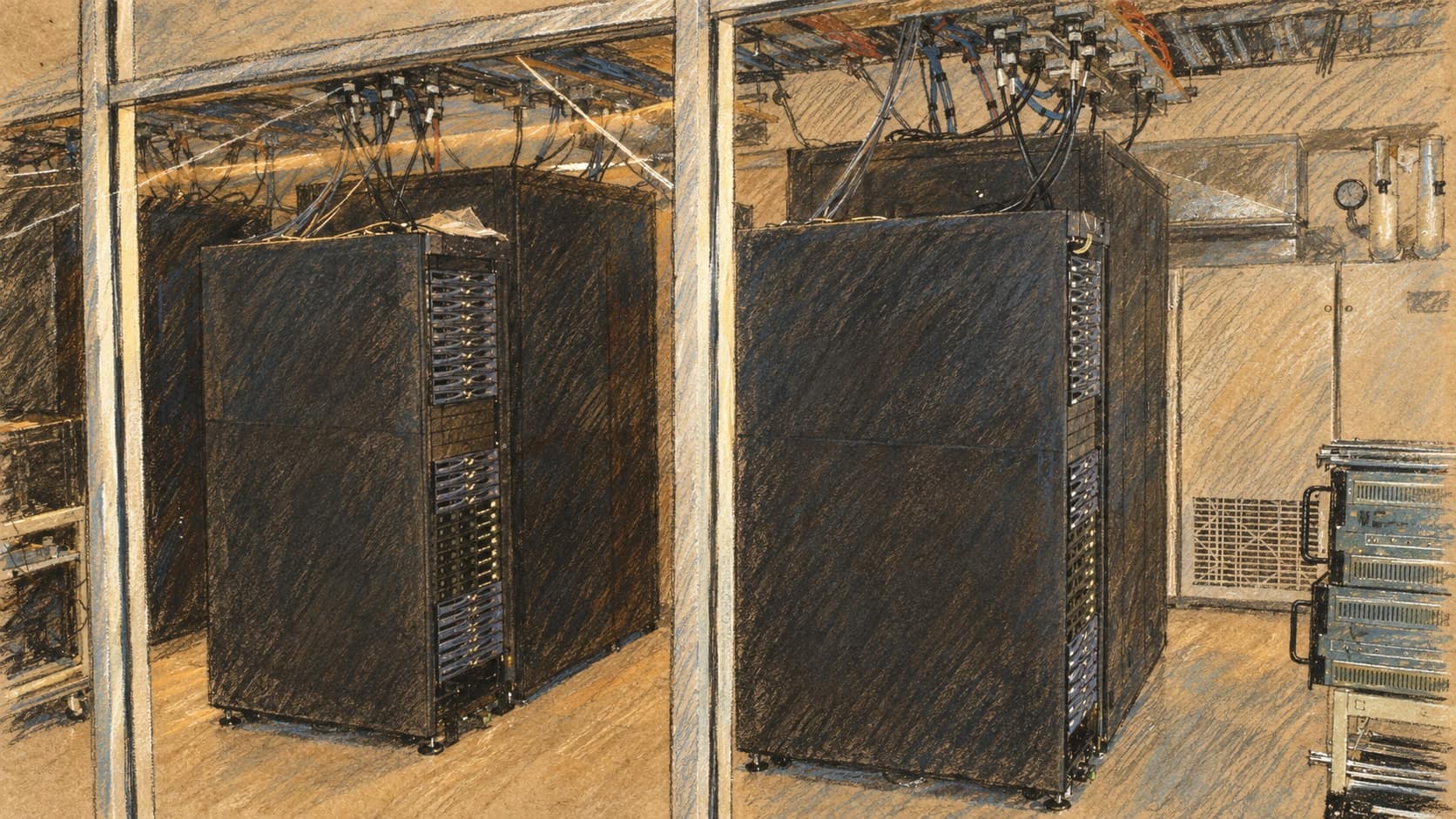 Courtroom-sketch editorial illustration of archival server cabinets behind glass partitions, used as contextual data-center equipment imagery