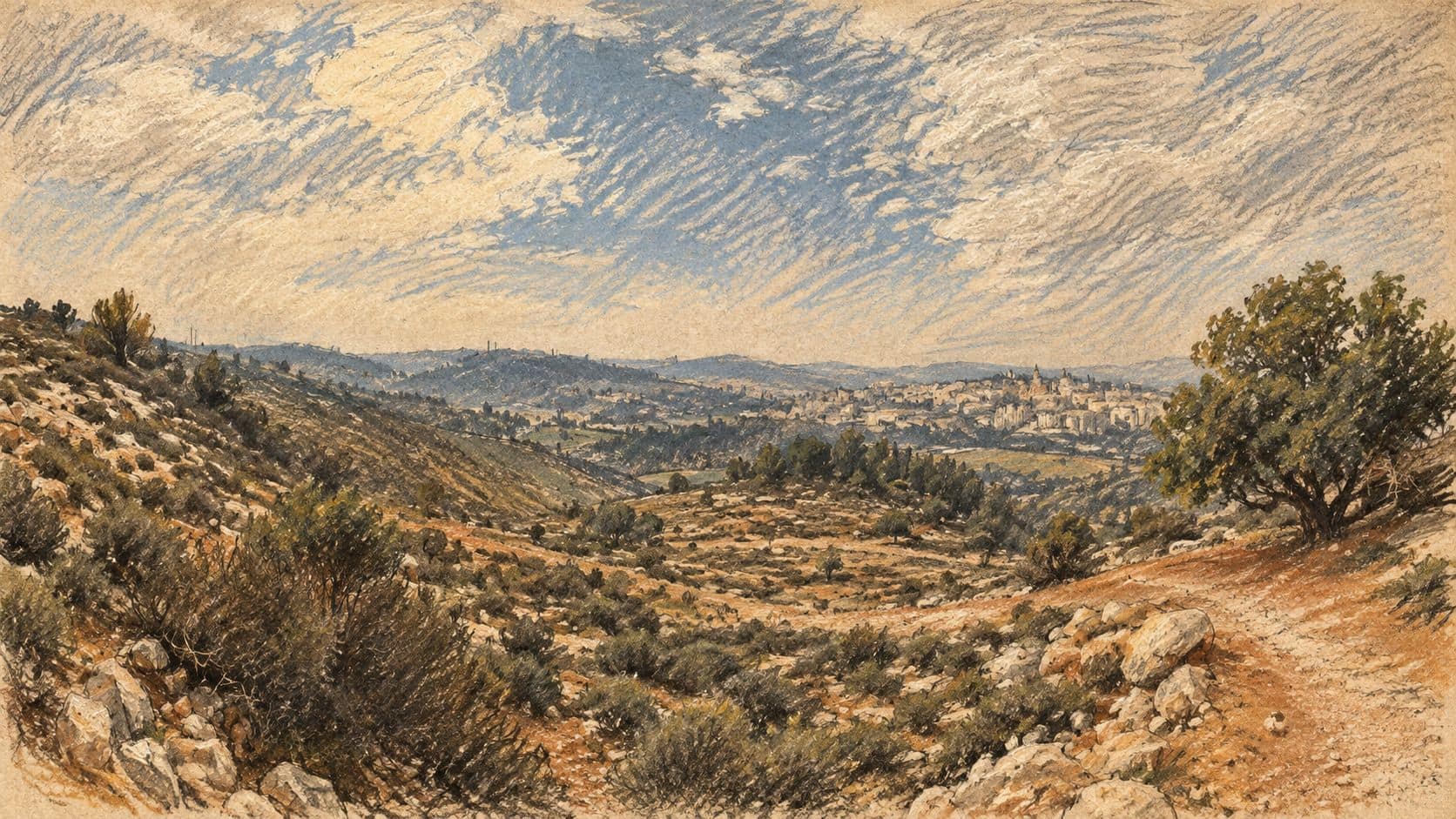 Courtroom-sketch editorial illustration of an archival February 2025 view of Beit Shemesh across rocky hills from the east, used as geographical context