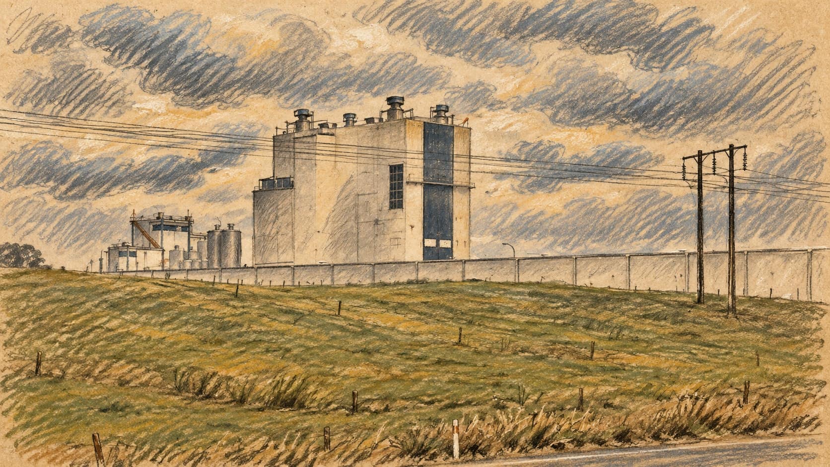 Courtroom-sketch editorial illustration of an archival February 2026 view of Fonterra dairy-factory towers at Tokoroa beyond a sloping paddock, with power poles and wires beneath a cloudy sky; institutional context, not a depiction of the CFO resignation, rendered in warm ochre and slate-blue pastel strokes.