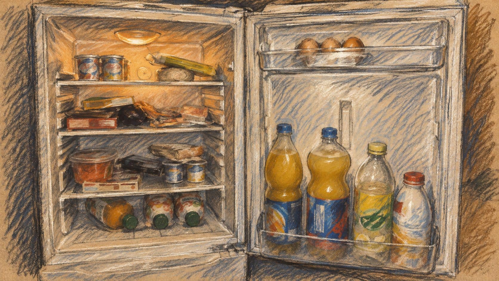 Courtroom-sketch editorial illustration of an open household refrigerator, using an archival food-storage scene as context for the recall notice