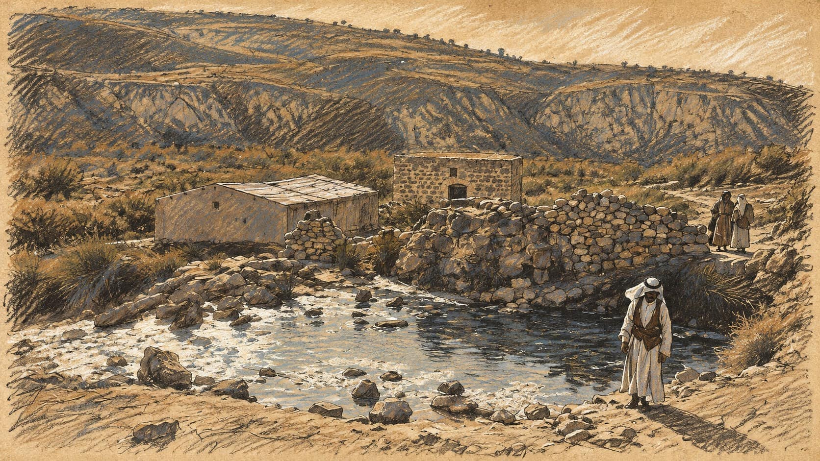 Courtroom-sketch editorial illustration of an archival spring pool and stone bathhouses at Hamat Gader, with three people and a rocky hillside; historical place context, not a depiction of the proposed lodging expansion.