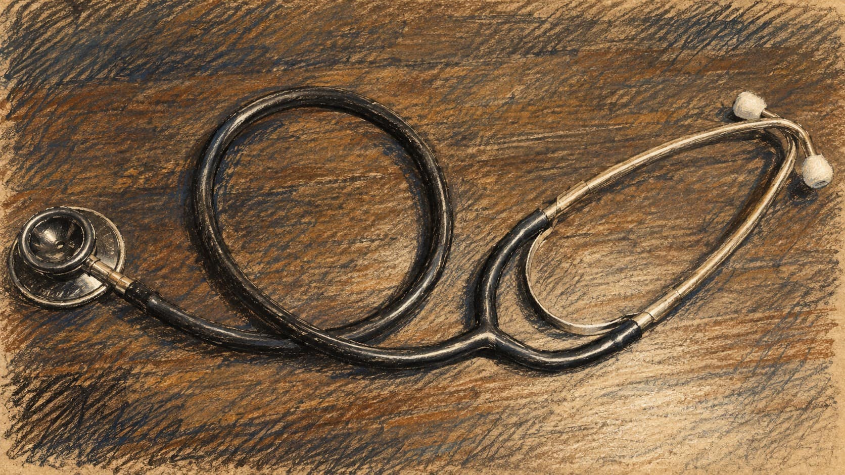 Courtroom-sketch editorial illustration of a stethoscope coiled on a tabletop, a contextual medical object for specialist-doctor workforce planning