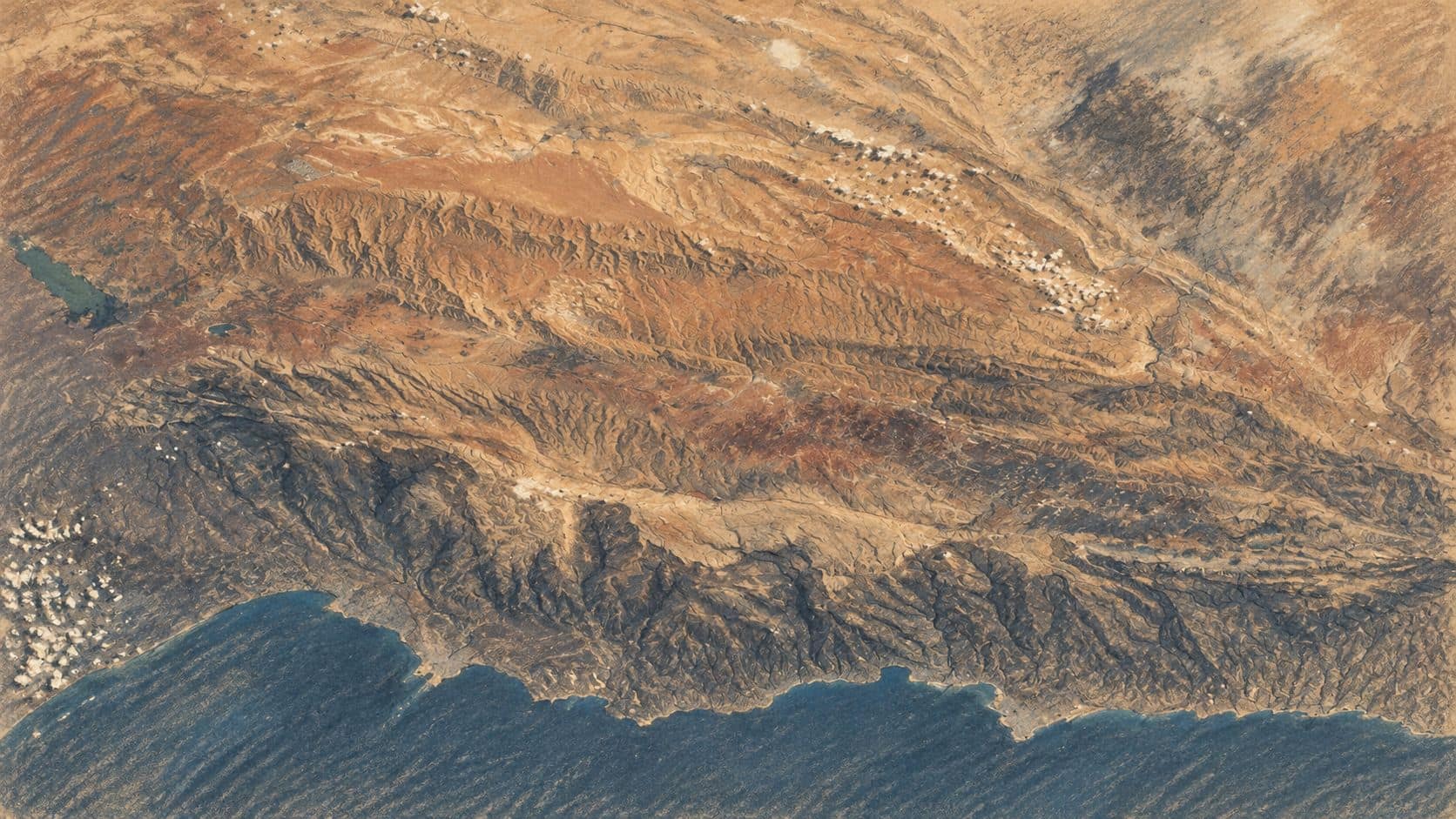 Courtroom-sketch editorial illustration of an archival aerial view of Lebanon, with Beirut, Mount Lebanon and the Beqaa valley, used for regional context.