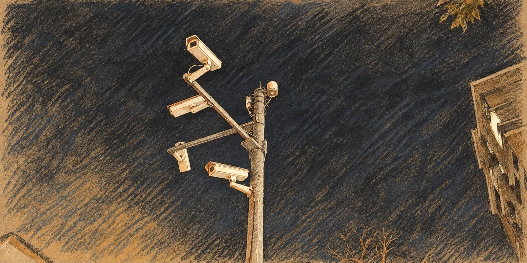 Courtroom-sketch editorial illustration of surveillance cameras on a pole, based on archival equipment imagery from Mumbai; contextual illustration, not a Holon incident scene