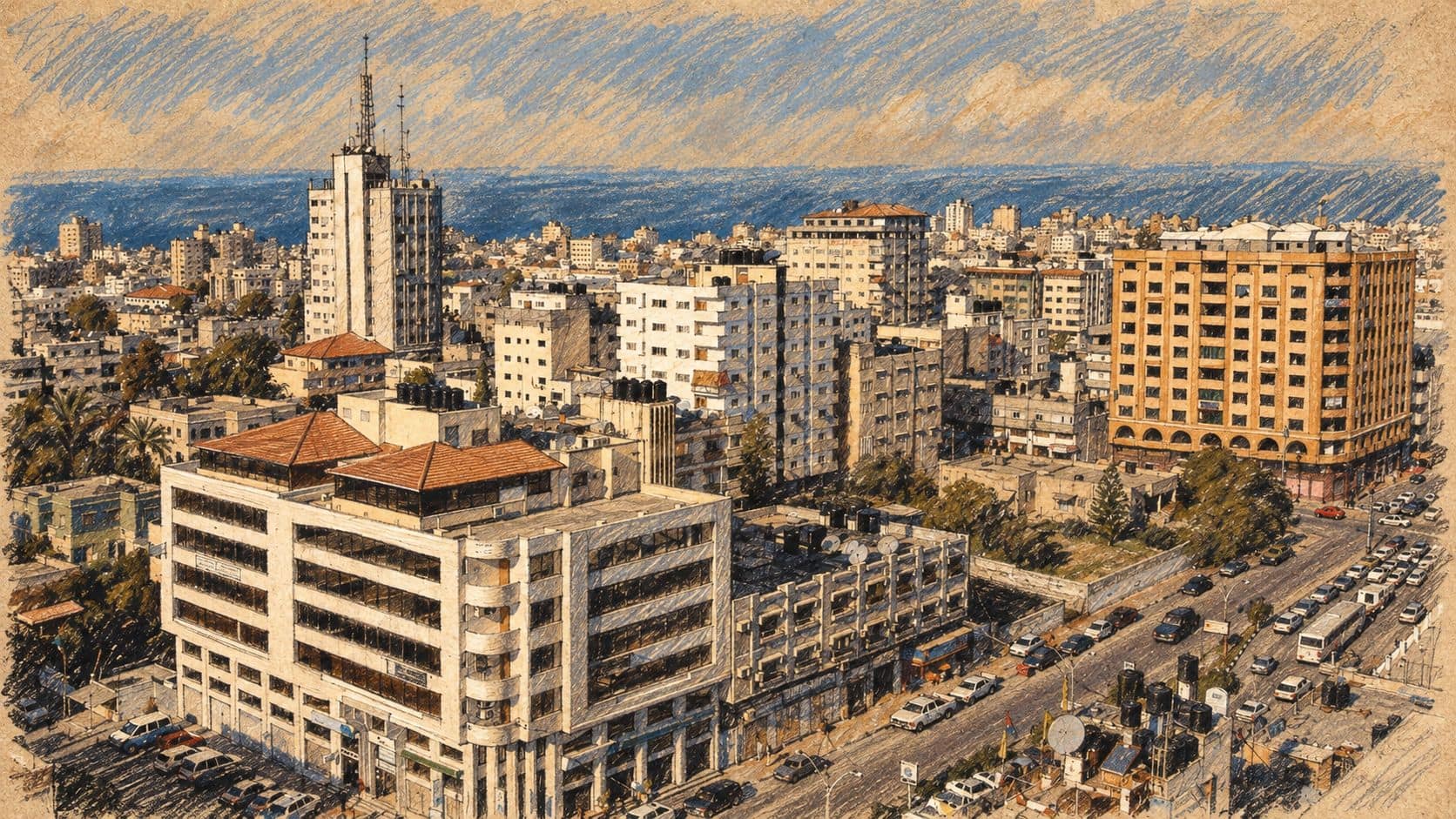 Courtroom-sketch editorial illustration of an archival 2007 Gaza City panorama, providing Gaza context rather than depicting Khan Younis or the strike