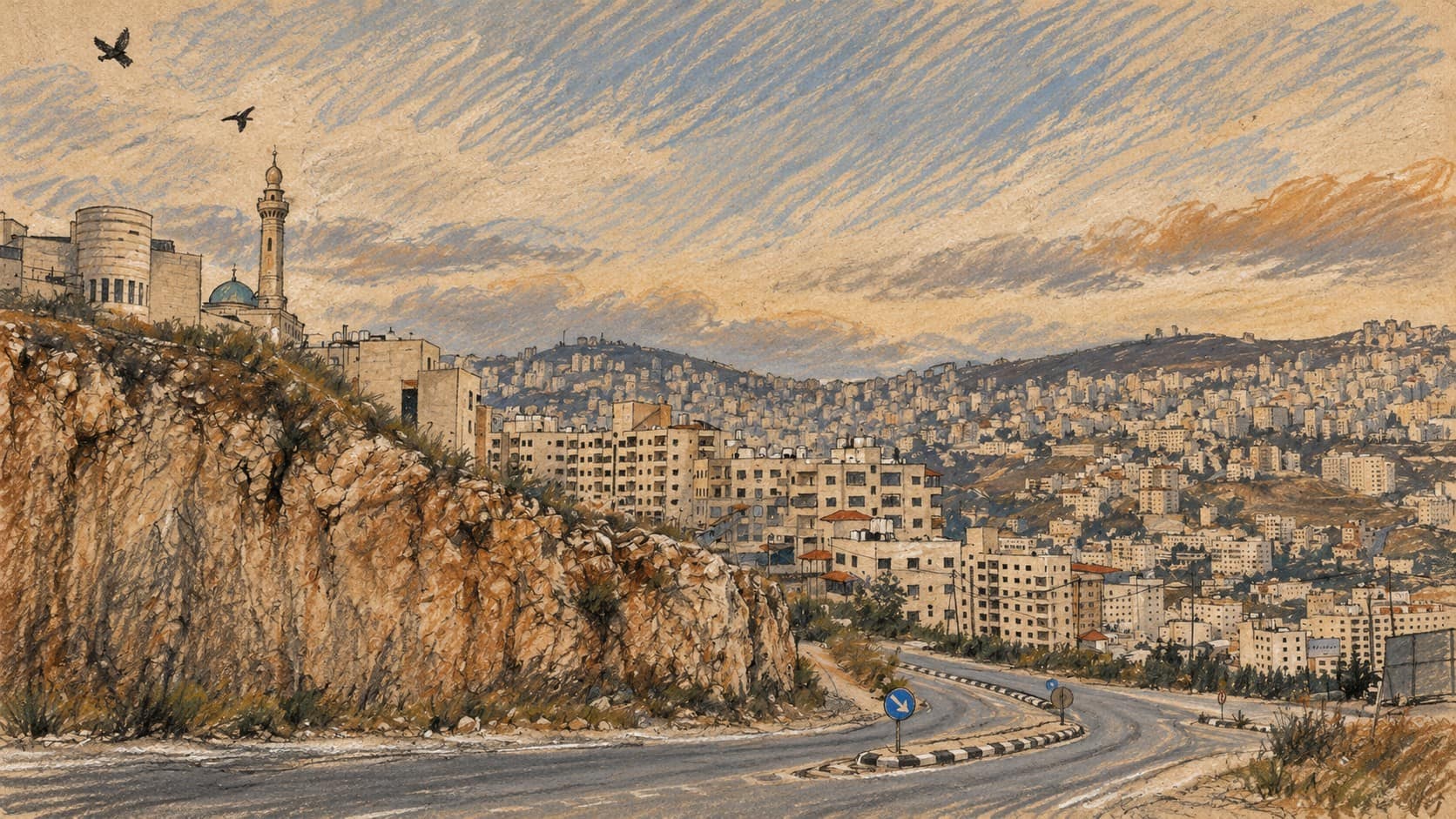 Courtroom-sketch editorial illustration of an archival 2024 view near Nablus in Samaria, showing a winding road, rocky slope, minaret and densely built hills toward Mount Gerizim; geographic context, not a depiction of the October 15 exercise.
