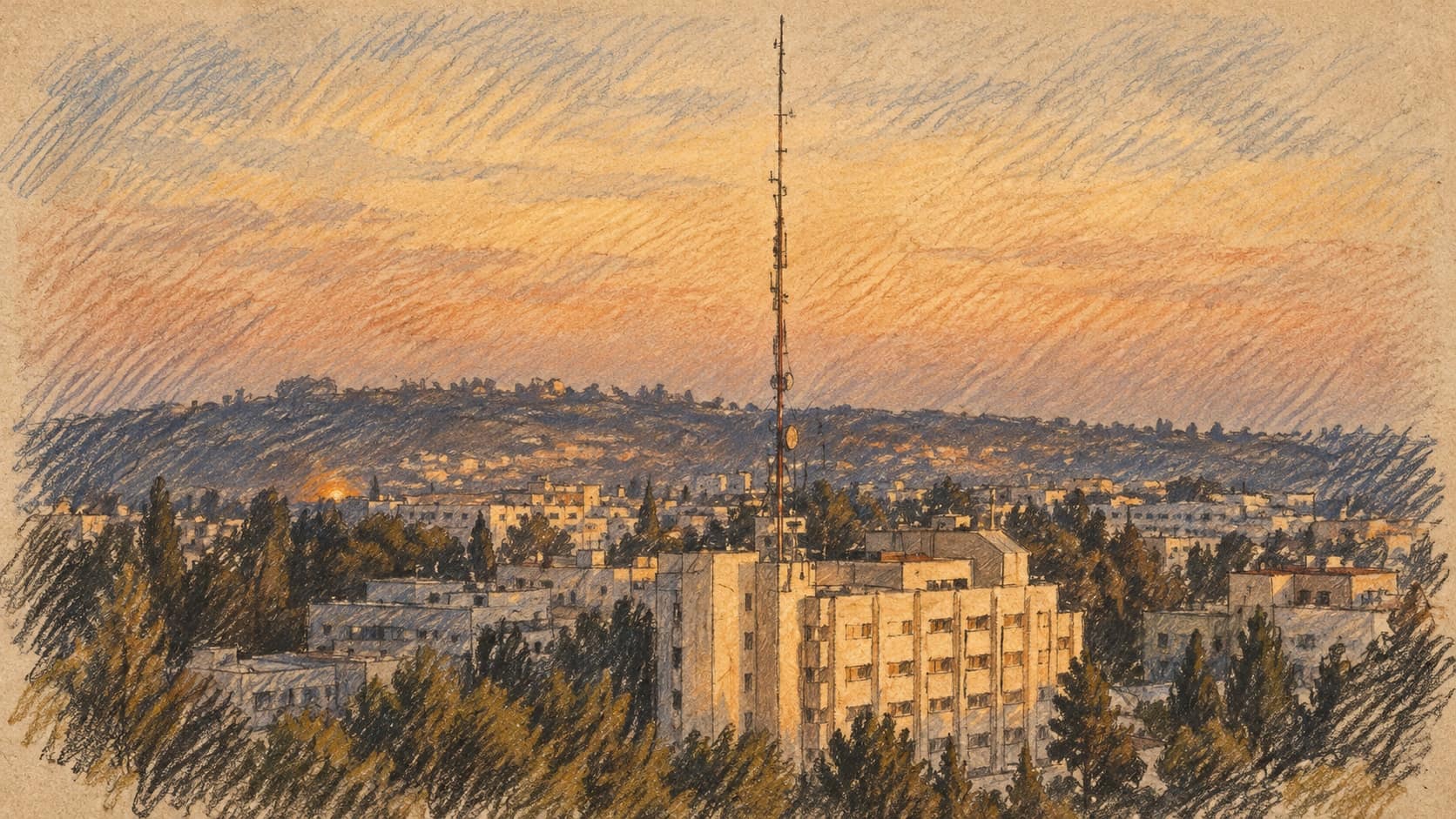 Courtroom-sketch editorial illustration of an archival 2009 view of Israel Police national headquarters in Jerusalem, with an antenna, trees and distant city at sunset; institutional context for the reported police considerations.