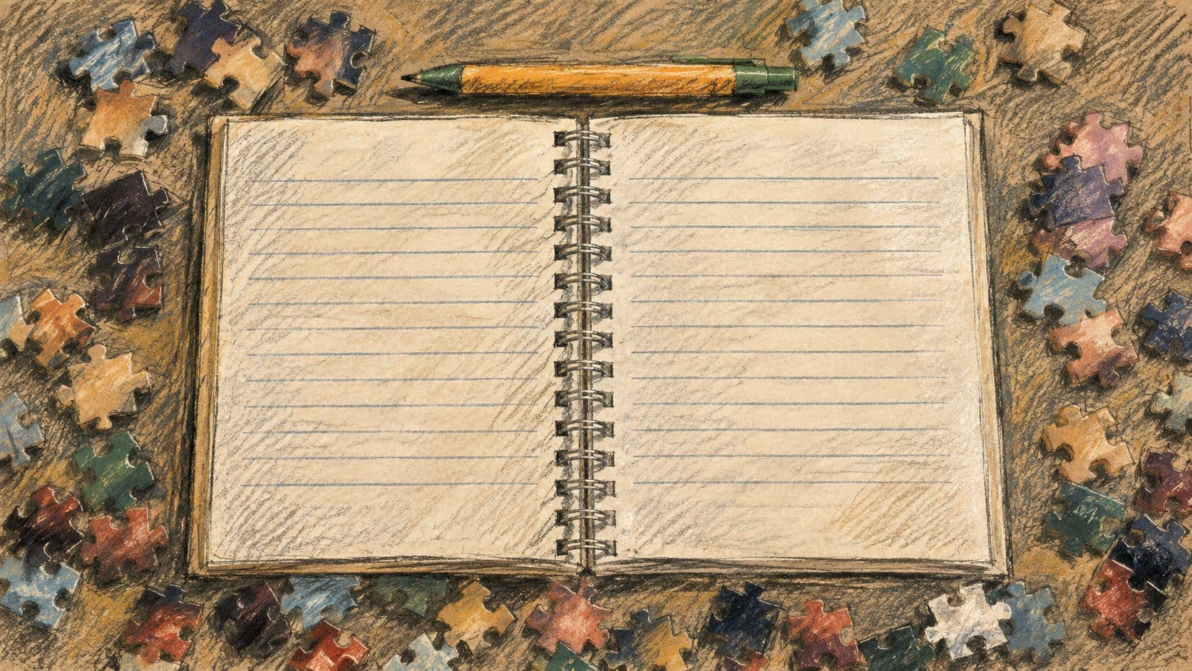 Courtroom-sketch editorial illustration of a generic blank notebook, pencil and scattered puzzle pieces.