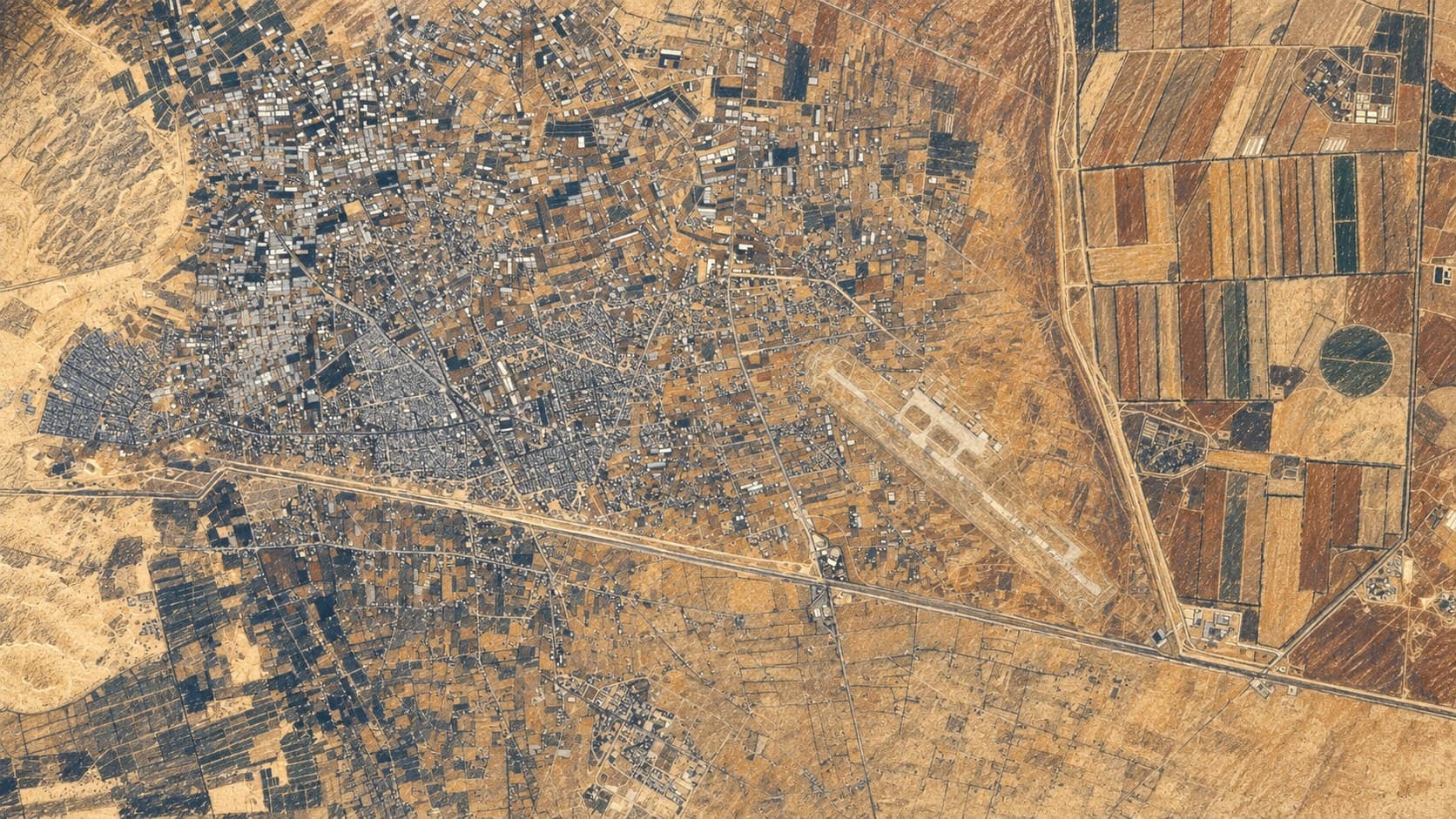 Courtroom-sketch editorial illustration of an archival 2008 overhead view of Rafah and the southern Gaza border region, used as geographic context; not the tunnel or October 2026 operation.