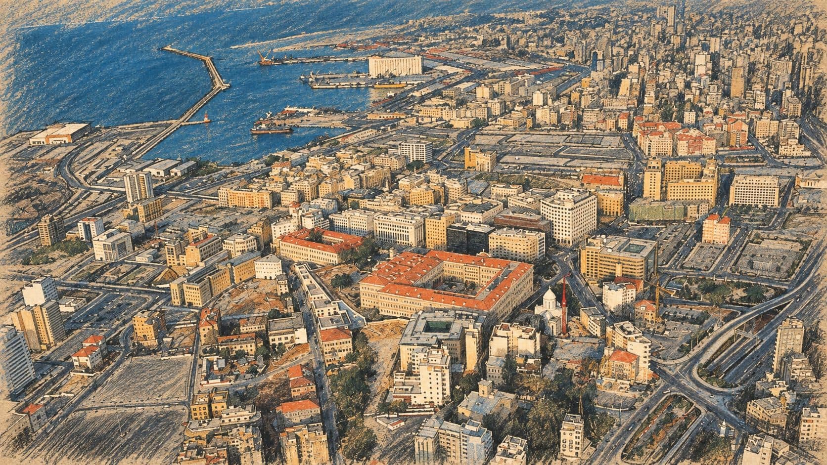 Courtroom-sketch editorial illustration of an archival 2005 aerial view of Beirut and its harbor, used as context for the reported Iranian advice to Hezbollah.