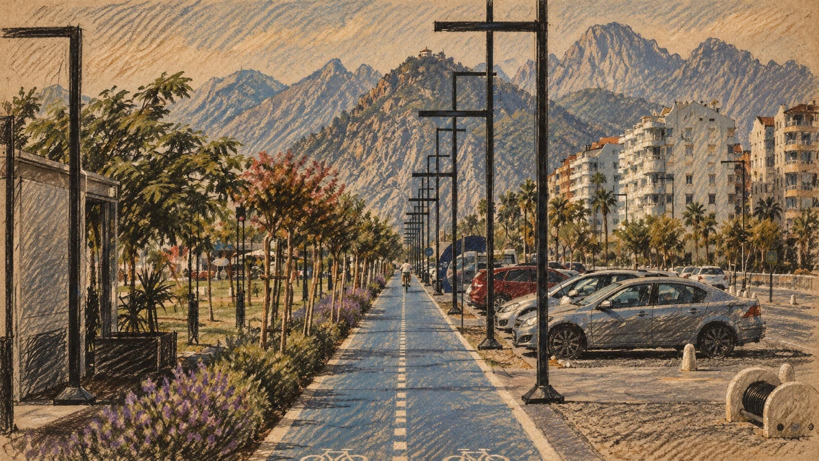 Courtroom-sketch editorial illustration of an archival Antalya bicycle path, parked cars, apartment buildings and mountain backdrop, shown as context for the future summit host city.