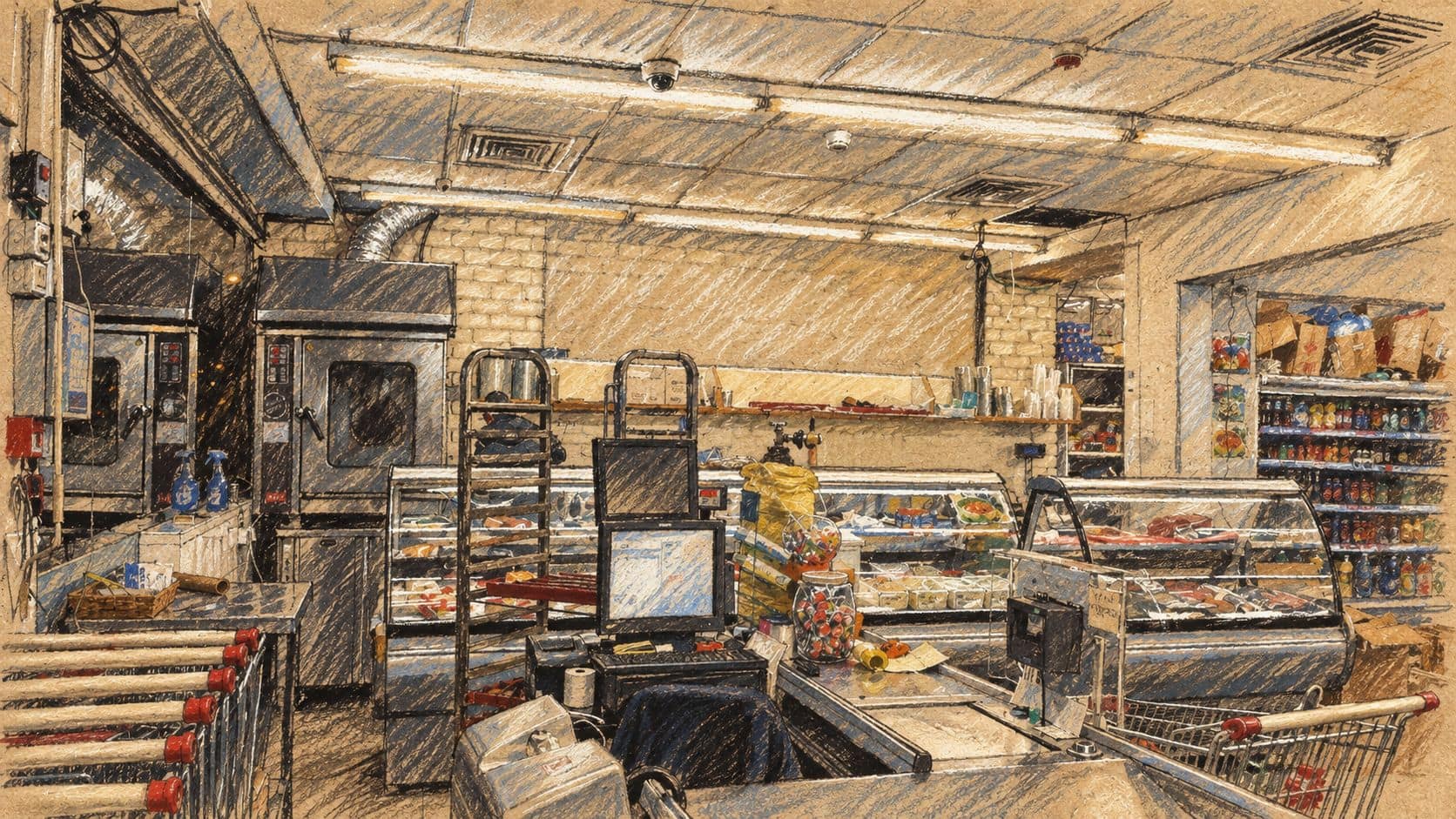 Courtroom-sketch editorial illustration of an archival Israeli supermarket interior with a checkout, carts and refrigerated food displays, used as context for consumer prices.