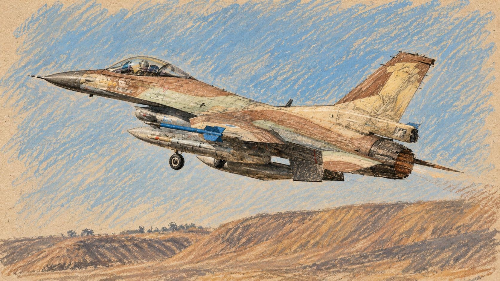 Courtroom-sketch editorial illustration of an Israeli fighter aircraft taking off during an archival training exercise, used as context for the reported Gaza City strike.