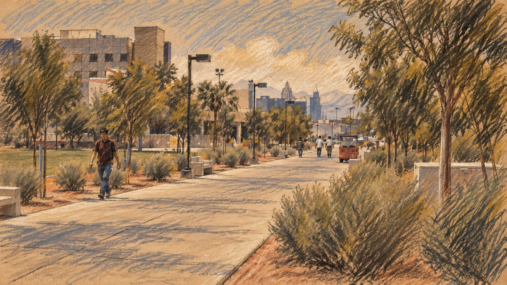Courtroom-sketch editorial illustration of an archival 2005 University of Nevada, Las Vegas campus walkway with trees, landscaping, buildings and the distant Las Vegas skyline; geographic context for the announced consular visit, not a depiction of its meetings.