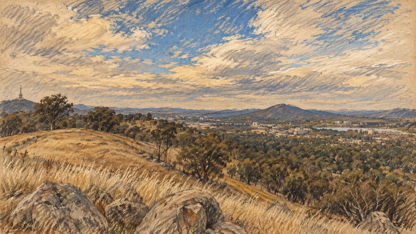 Courtroom-sketch editorial illustration of an archival view over Canberra from Red Hill, with rocks and grass in the foreground, a wooded city valley and distant hills; location context based on a December 2012 photograph, not a depiction of embassy voting.