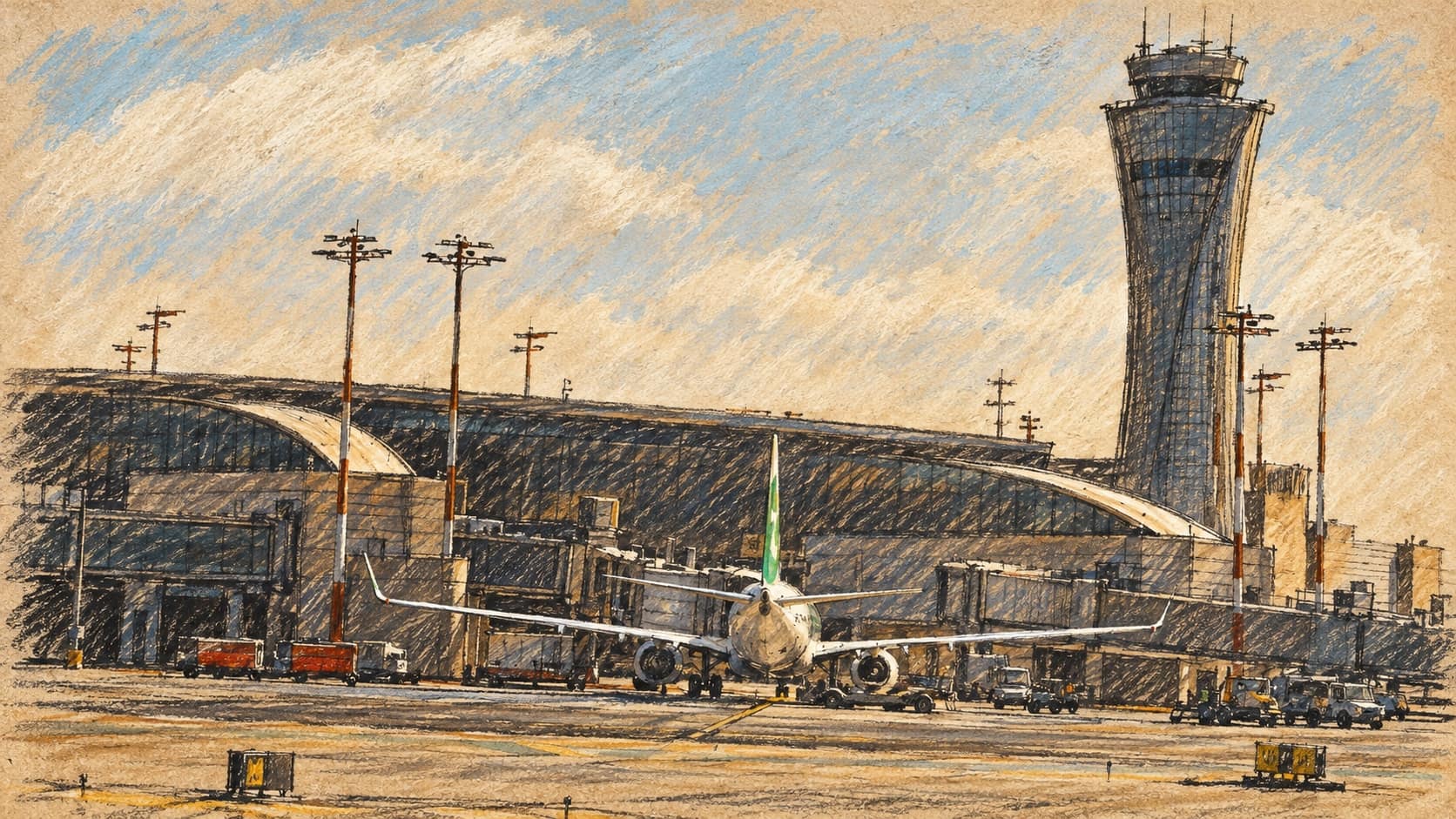 Courtroom-sketch editorial illustration of Ben Gurion Airport terminal, control tower and a parked passenger aircraft