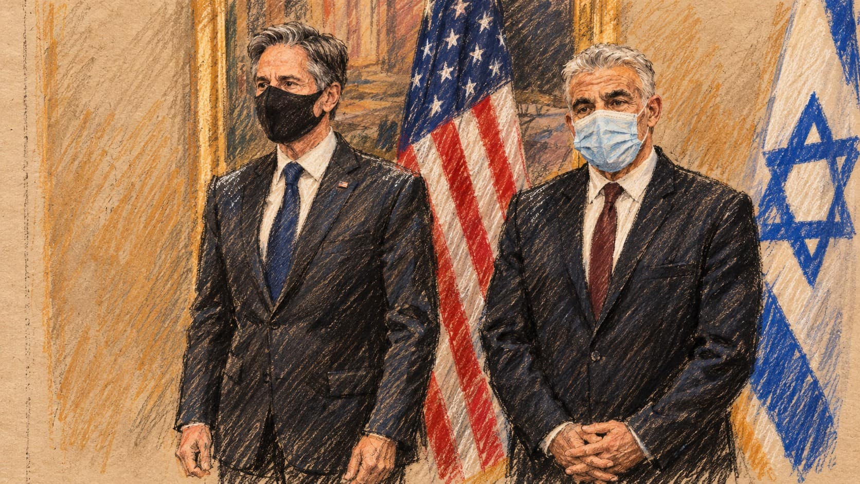 Courtroom-sketch editorial illustration of Yair Lapid at right and Antony Blinken at left wearing masks beside Israeli and American flags at an archival June 2021 diplomatic meeting in Rome.