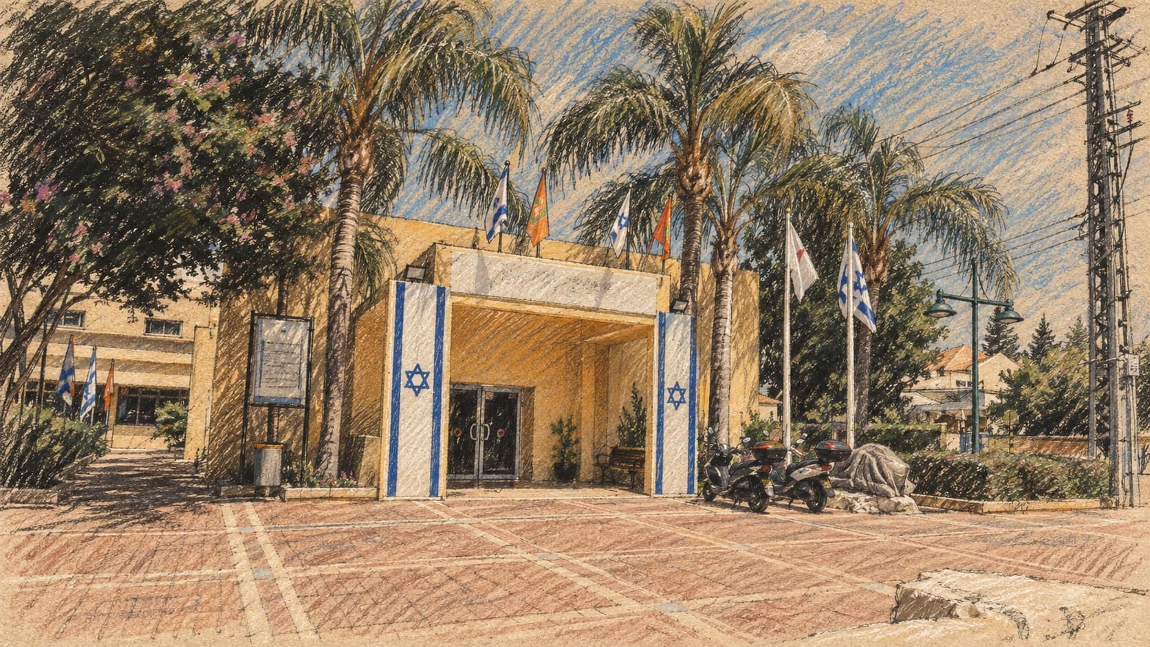 Courtroom-sketch editorial illustration of the Yad la-Banim civic building and palm-lined forecourt in Ness Ziona, based on an archival May 2024 view providing local context for the municipal appointment