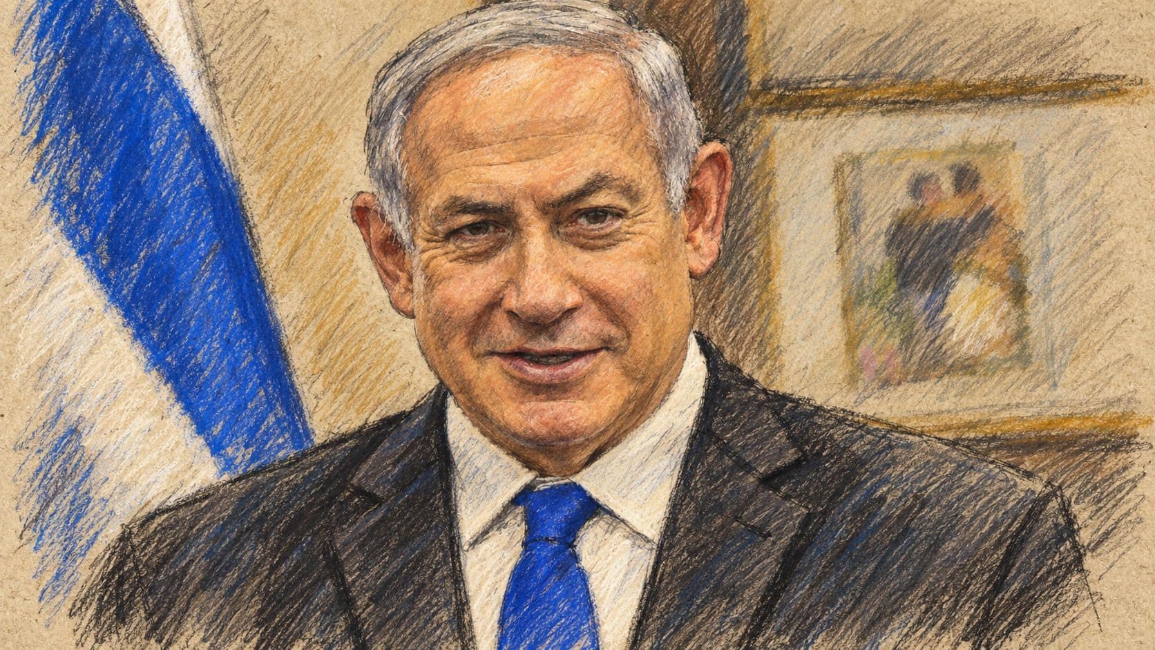 Courtroom-sketch editorial illustration based on an archival portrait of Benjamin Netanyahu in a dark suit and blue tie beside an Israeli flag
