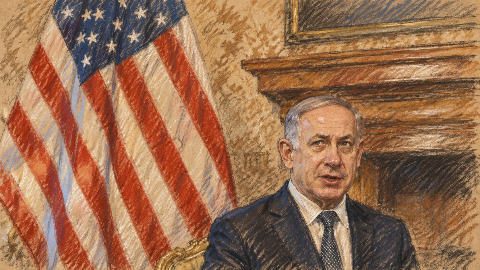 Courtroom-sketch editorial illustration of Benjamin Netanyahu beside a United States flag and a wooden fireplace, based on an archival June 2016 photograph providing political context