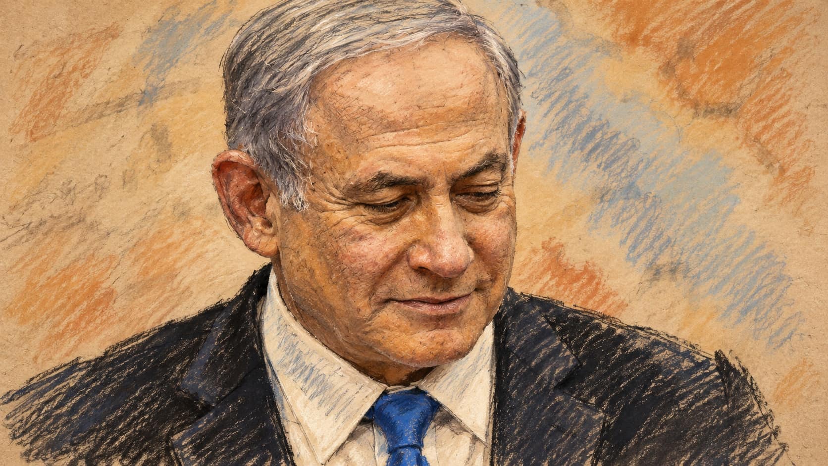 Courtroom-sketch editorial illustration of Benjamin Netanyahu in an archival 2019 portrait