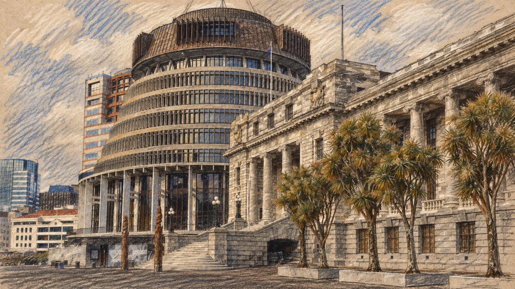 Courtroom-sketch editorial illustration of New Zealand’s Beehive and Parliament House in Wellington, based on an archival October 2024 photograph as institutional context, rendered in warm ochre and slate-blue pastel strokes.