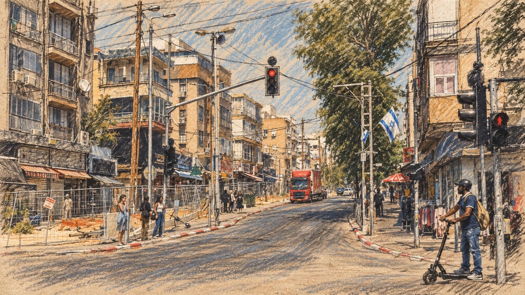 Courtroom-sketch editorial illustration of Sokolov Street in Holon, with traffic lights, low-rise buildings, pedestrians and a truck, based on an archival June 2024 view for city transport context.