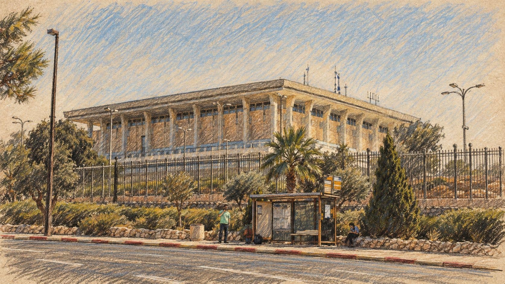 Courtroom-sketch editorial illustration of an archival 2018 view of the Knesset parliament building from across a road, with trees, a fence and a bus shelter; contextual parliamentary scene, not Ofer Winter or his campaign advertisement.