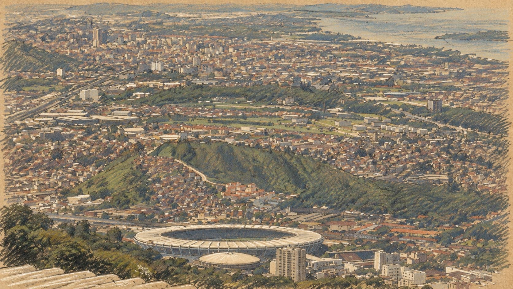 Courtroom-sketch editorial illustration of an archival December 2002 view of Maracana stadium from Corcovado over Rio de Janeiro, with the oval stadium below dense neighborhoods, green hills and distant water; geographic context, not a depiction of the October 2026 match, rendered in warm ochre and slate-blue pastel strokes.