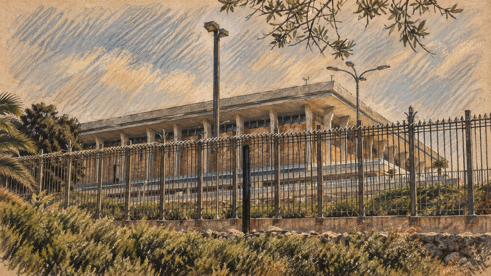 Courtroom-sketch editorial illustration of the Knesset building behind its perimeter fence, with shrubs and streetlights, based on an archival 2018 photograph; institutional context rather than the interview or speaker election.