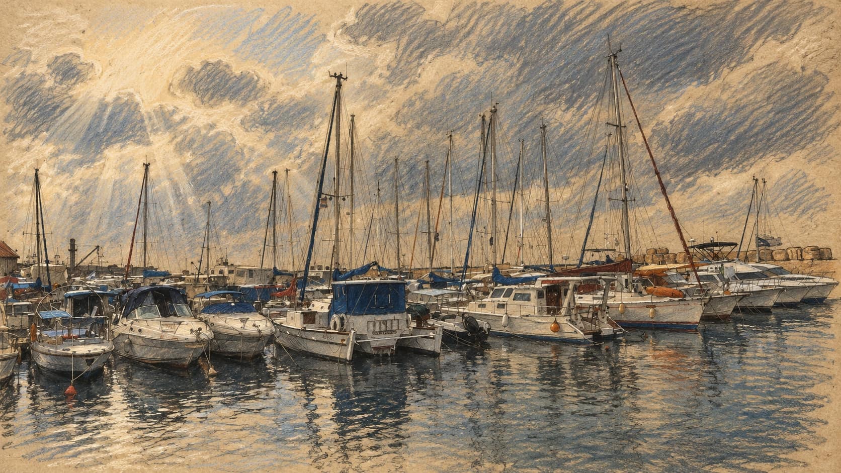 Courtroom-sketch editorial illustration of an archival December 2017 view of sailboats moored in Jaffa Port beneath a cloudy sky; contextual harbor view, not the assault or arrest.