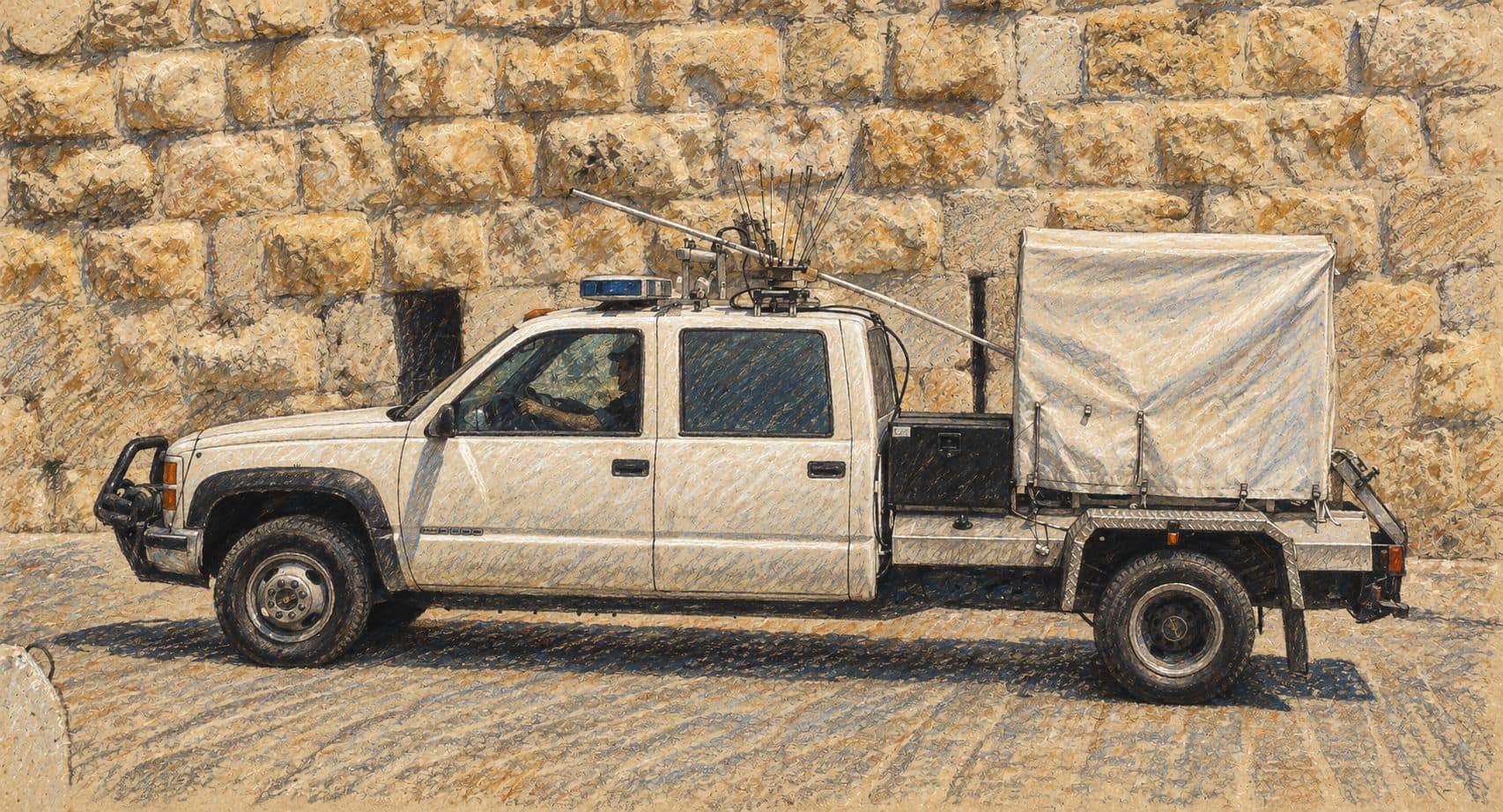 Courtroom-sketch editorial illustration of an archival Israeli police bomb-disposal truck beside a stone wall in Jerusalem in 2011; contextual policing equipment, not the Elad arrests or attacks.