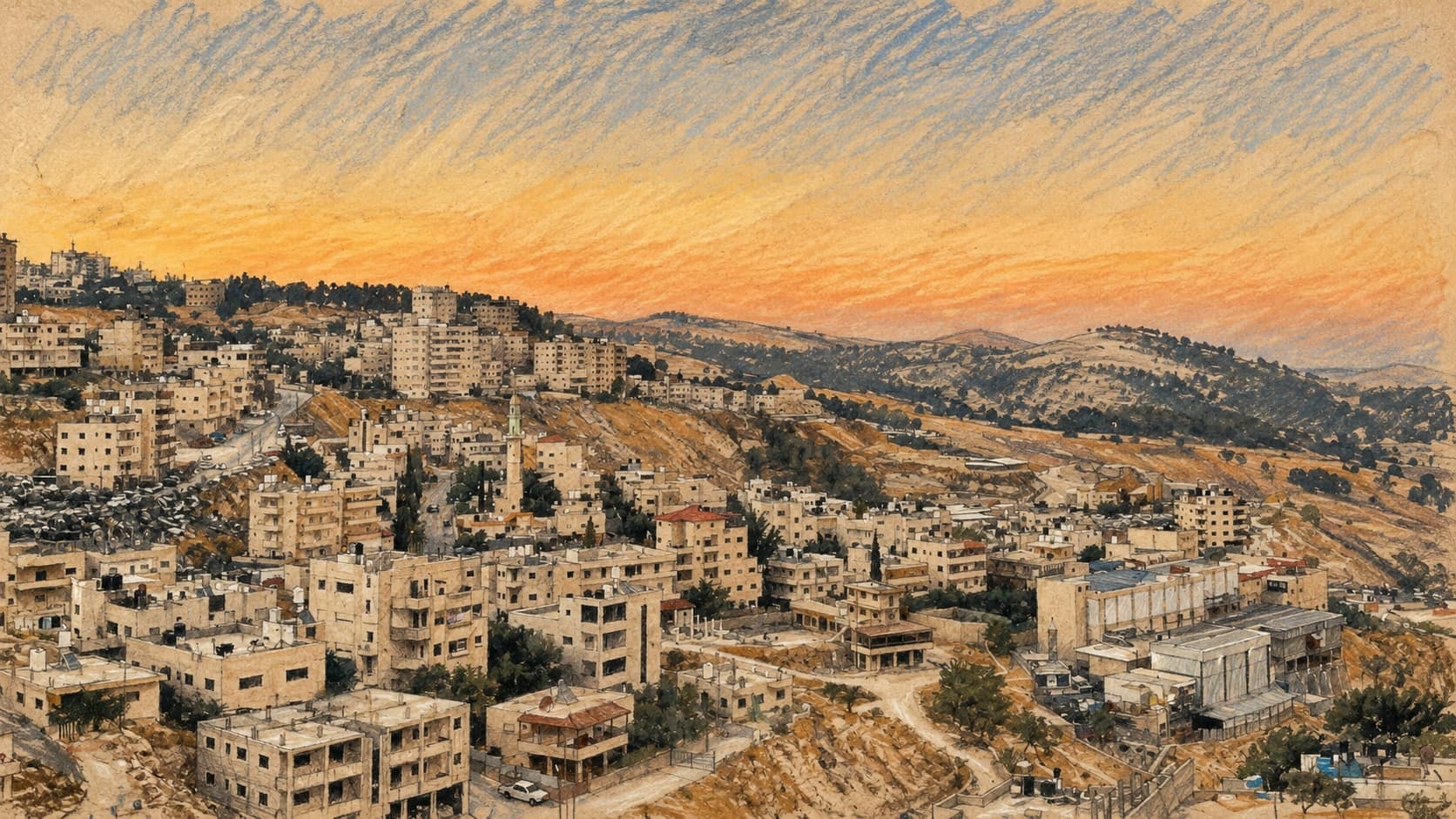 Courtroom-sketch editorial illustration of buildings and dry hills in Al-Eizariya, based on an archival July 2022 view providing location context