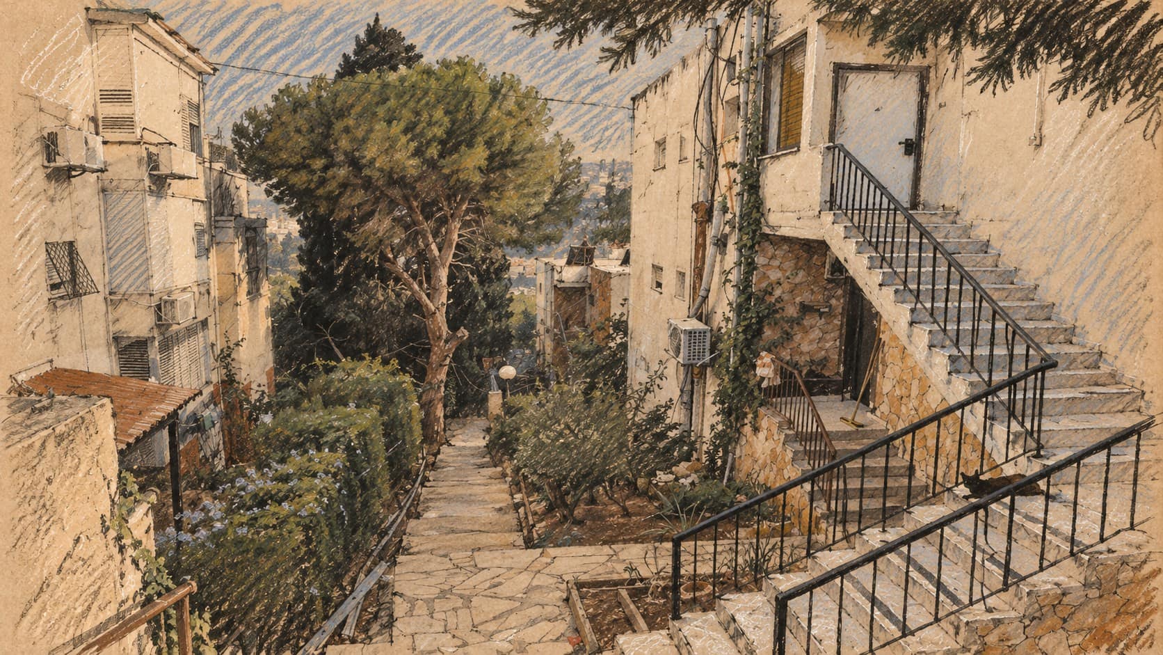 Courtroom-sketch editorial illustration of an archival 2011 view of residential buildings, outdoor stairs and trees in Carmel Center, Haifa; contextual view, not the explosion scene