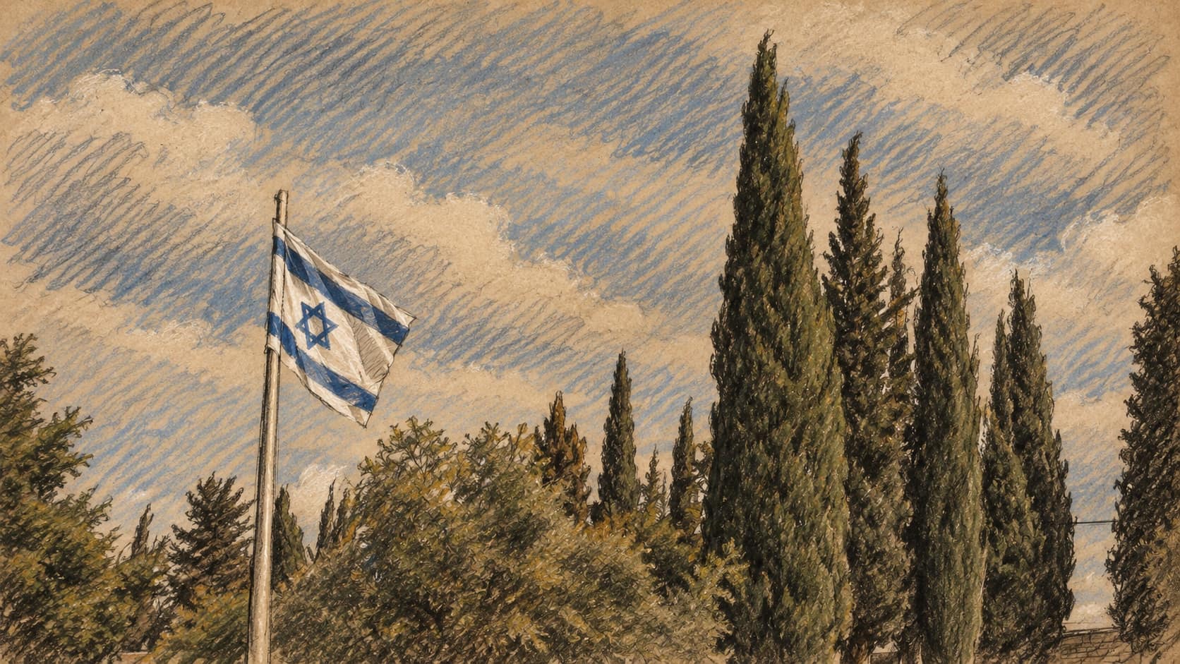 Courtroom-sketch editorial illustration of an Israeli flag and cypress trees at Kiryat Shaul Military Cemetery, based on an archival February 2010 view providing setting context
