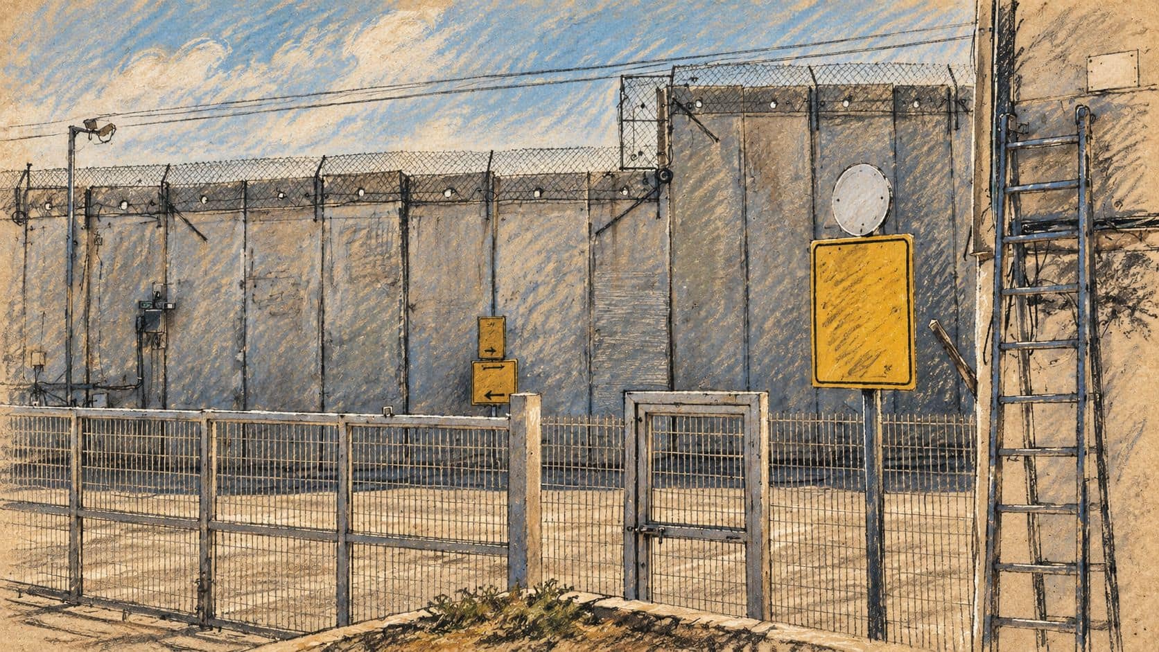 Courtroom-sketch editorial illustration of empty Erez crossing infrastructure, based on an archival 2023 view for border-security context