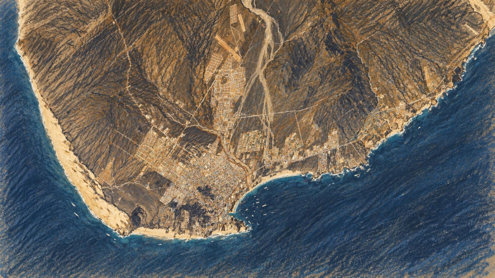 Courtroom-sketch editorial illustration of an archival 2005 NASA aerial view of Cabo San Lucas, with dry hills, the developed town and the curving coastline beside blue ocean; geographic context, not a depiction of Tropical Storm Simon or current weather, rendered in warm ochre and slate-blue pastel strokes.