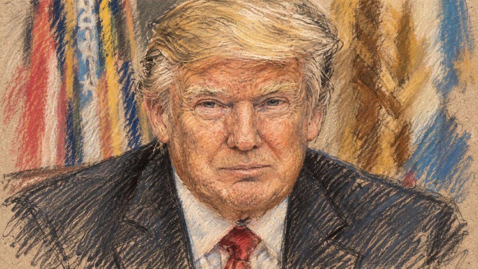 Courtroom-sketch editorial illustration of Donald Trump in an archival 2017 Pentagon portrait, wearing a dark suit and red tie before blurred flags.